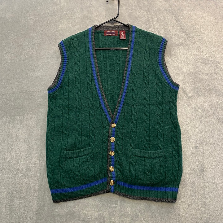 Vintage Savile Row Cardigan Sweater Vest Men Medium Cable Knit 100% Virgin Wool