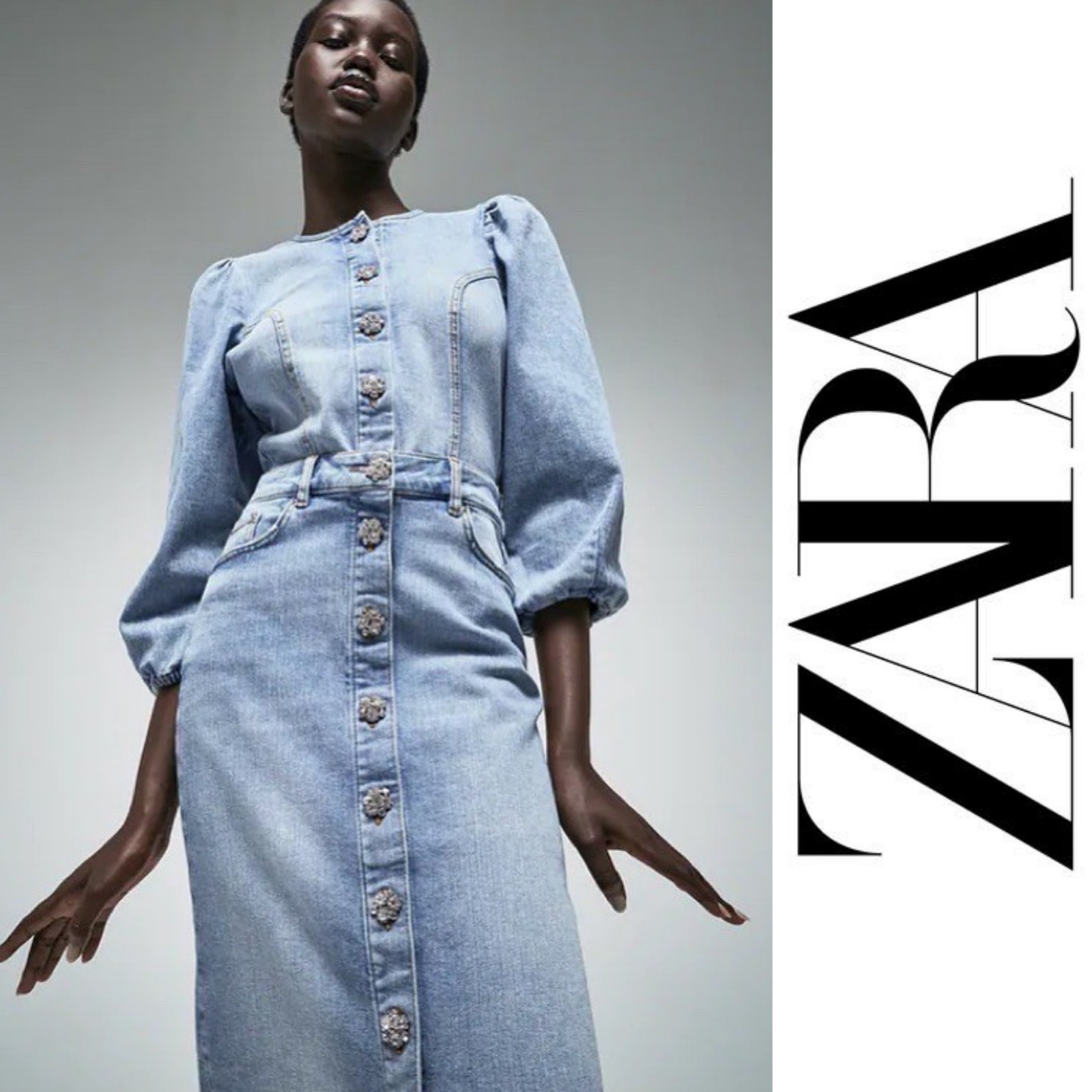 Zara Jewel Button Denim Shirt & Skirt Set