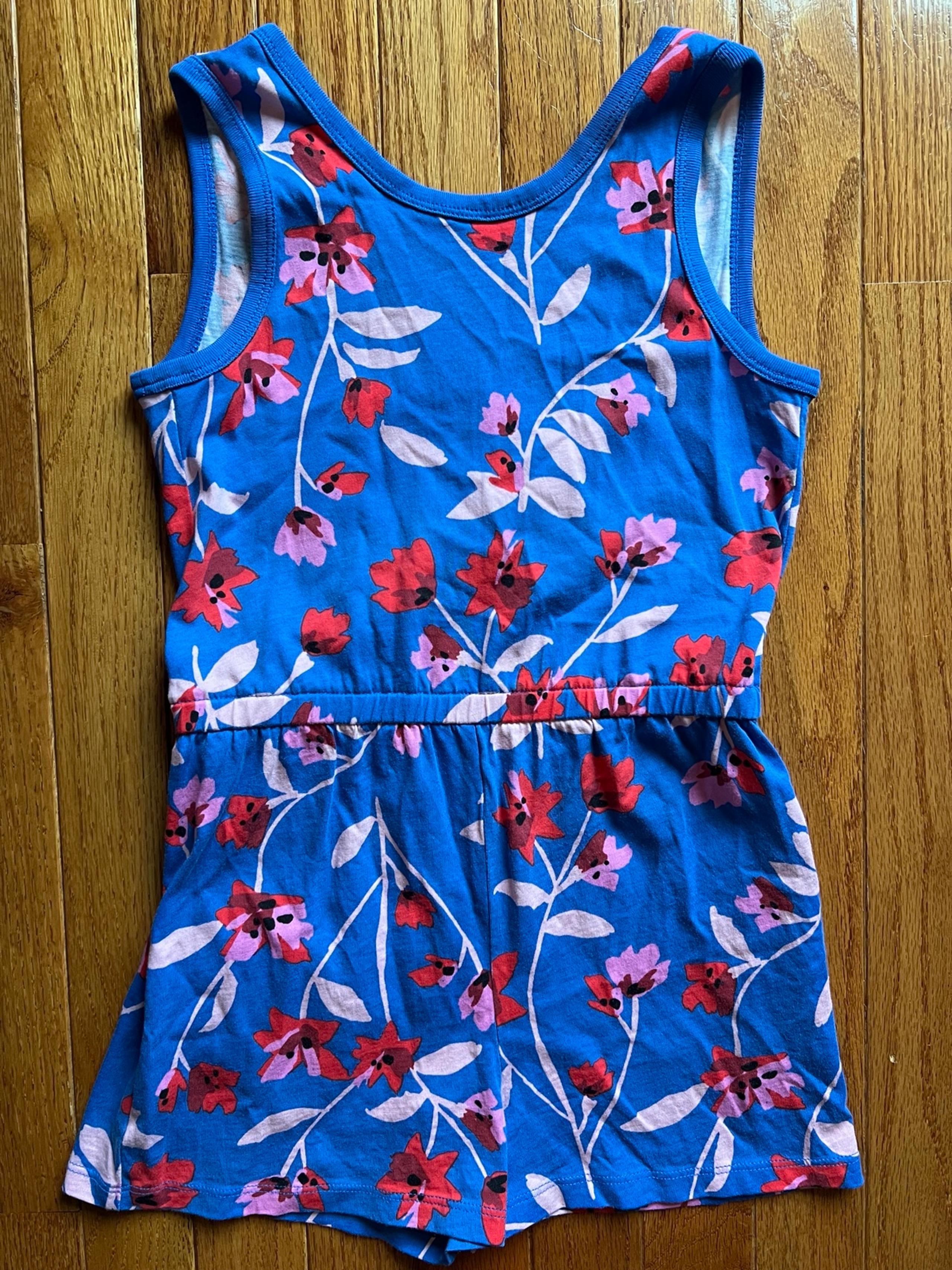Tea Collection blue w/flowers romper, has pockets 
Girls size 7
