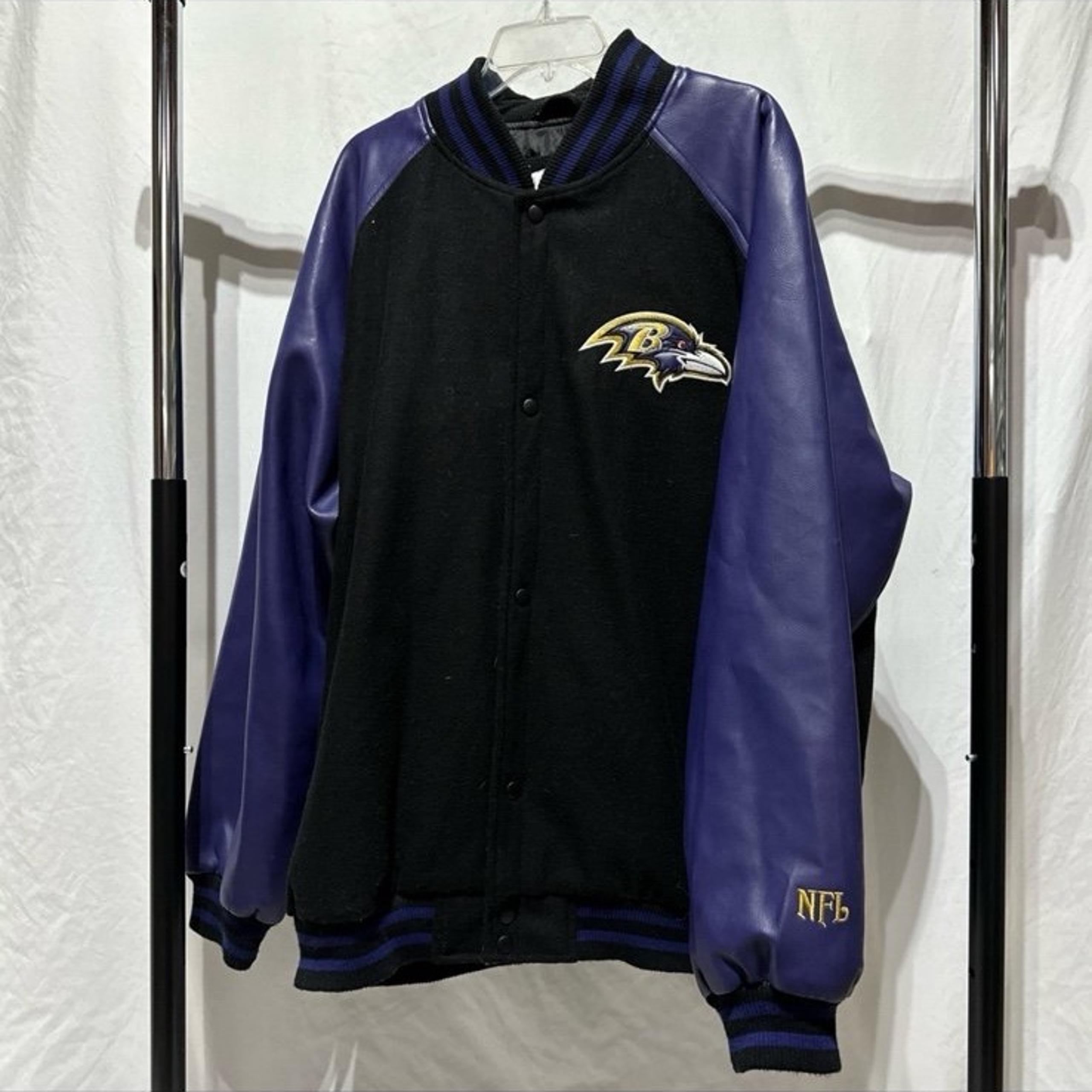 NFL Baltimore Ravens Leader Man Leather Varsity Jacket Black Purple Men’s XXL