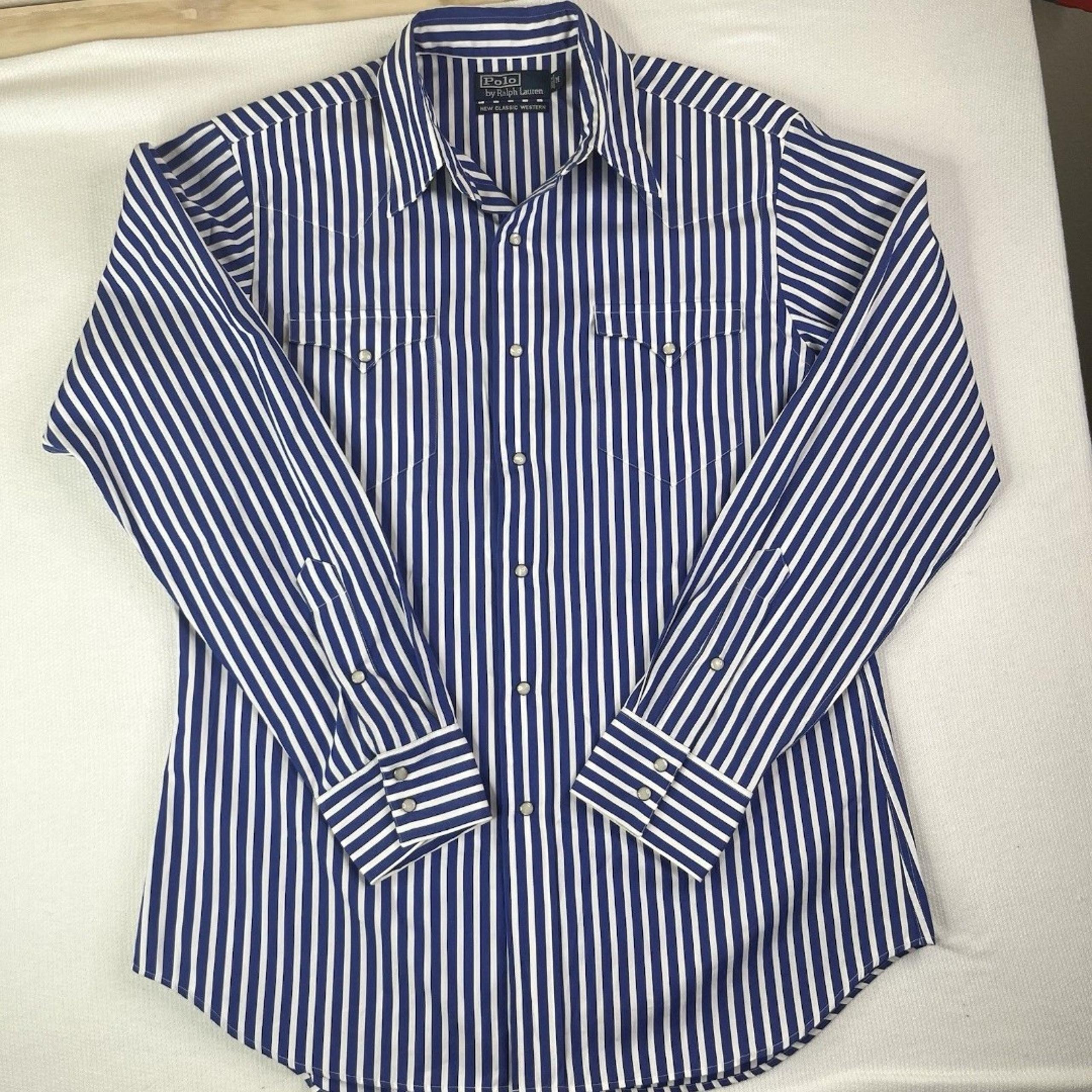 Polo Ralph Lauren Pearl Snap Shirt Men Medium Blue White Stripe Classic Western