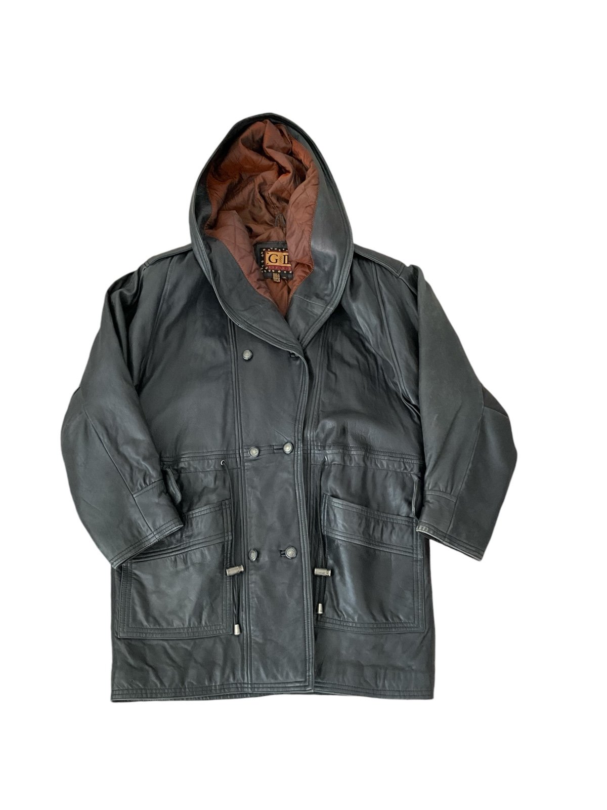 Vintage Womens Hooded Leather Coat With Pockets Cinched