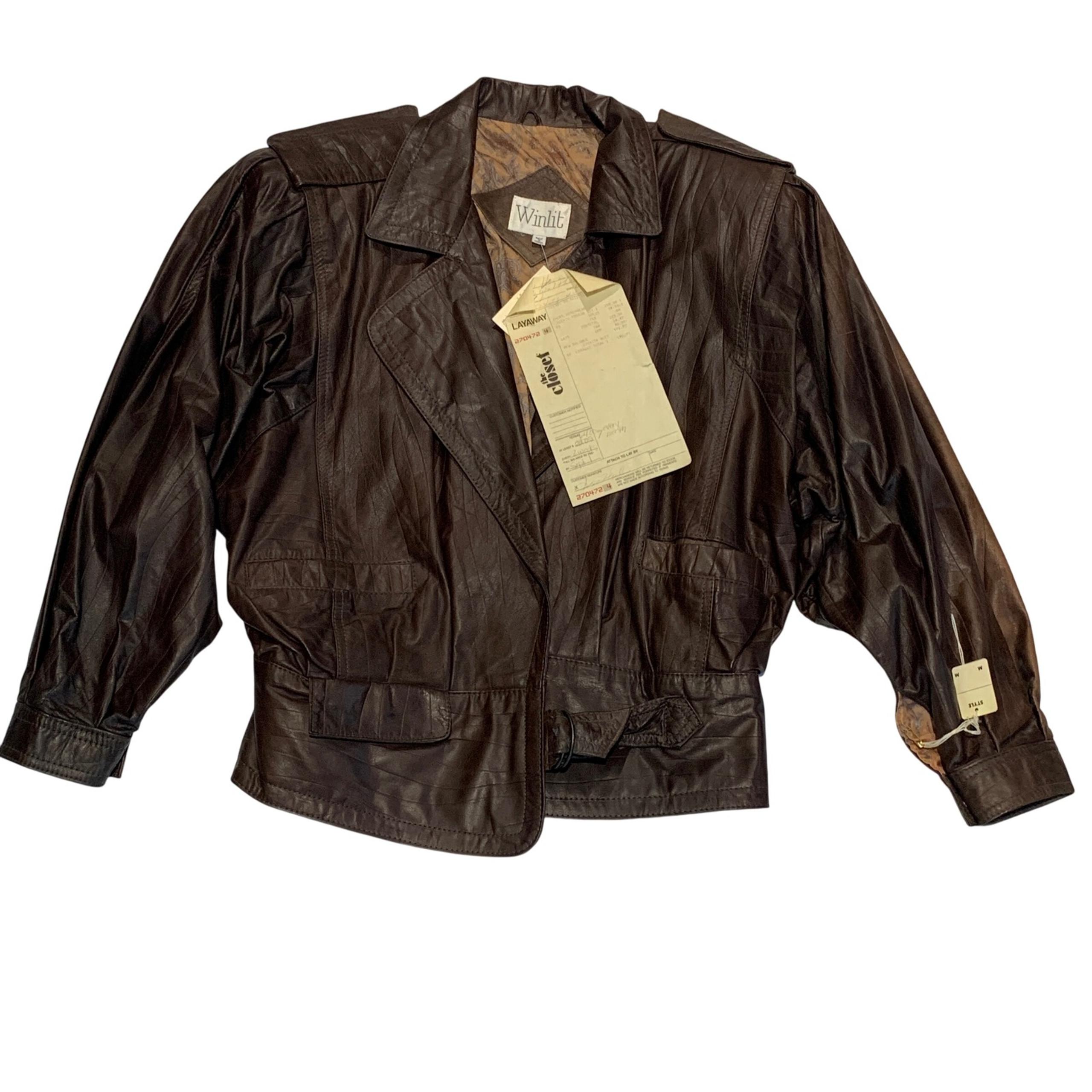 Winlit Vintage Leather Jacket Brown Cropped 80s Style Genuine Made in Korea M