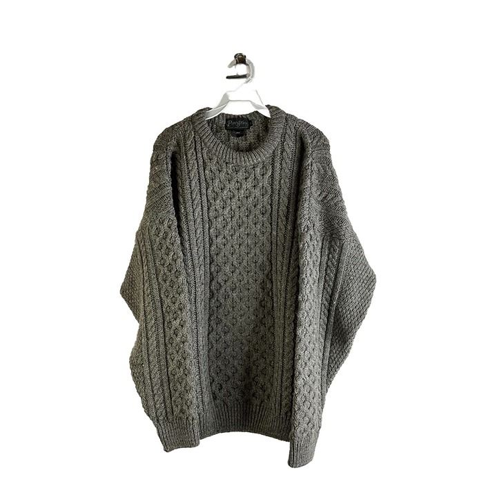 Vintage 90s Mens XL Wool Cable Knit Fisherman Crewneck Sweater Gray Preppy Grung