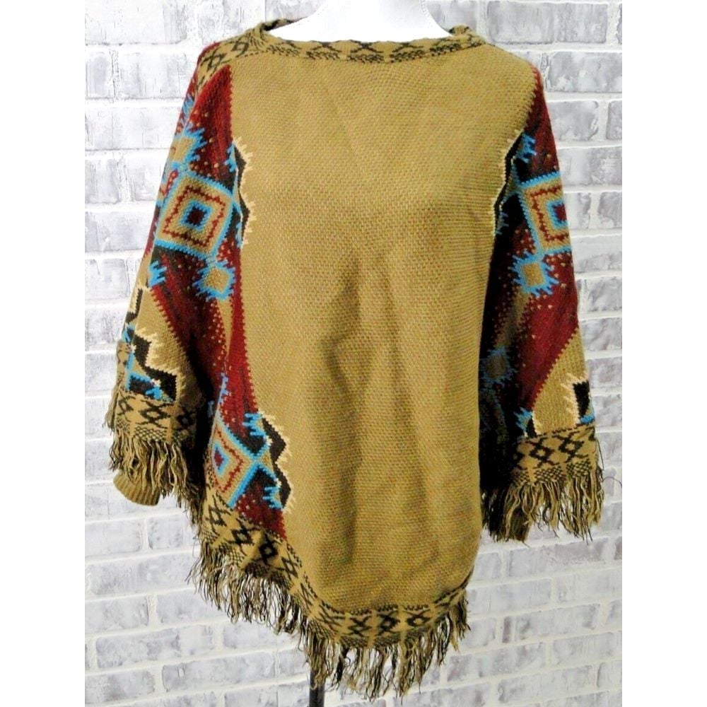 Mukluks Poncho-Brown with mutli-color Aztec pattern
