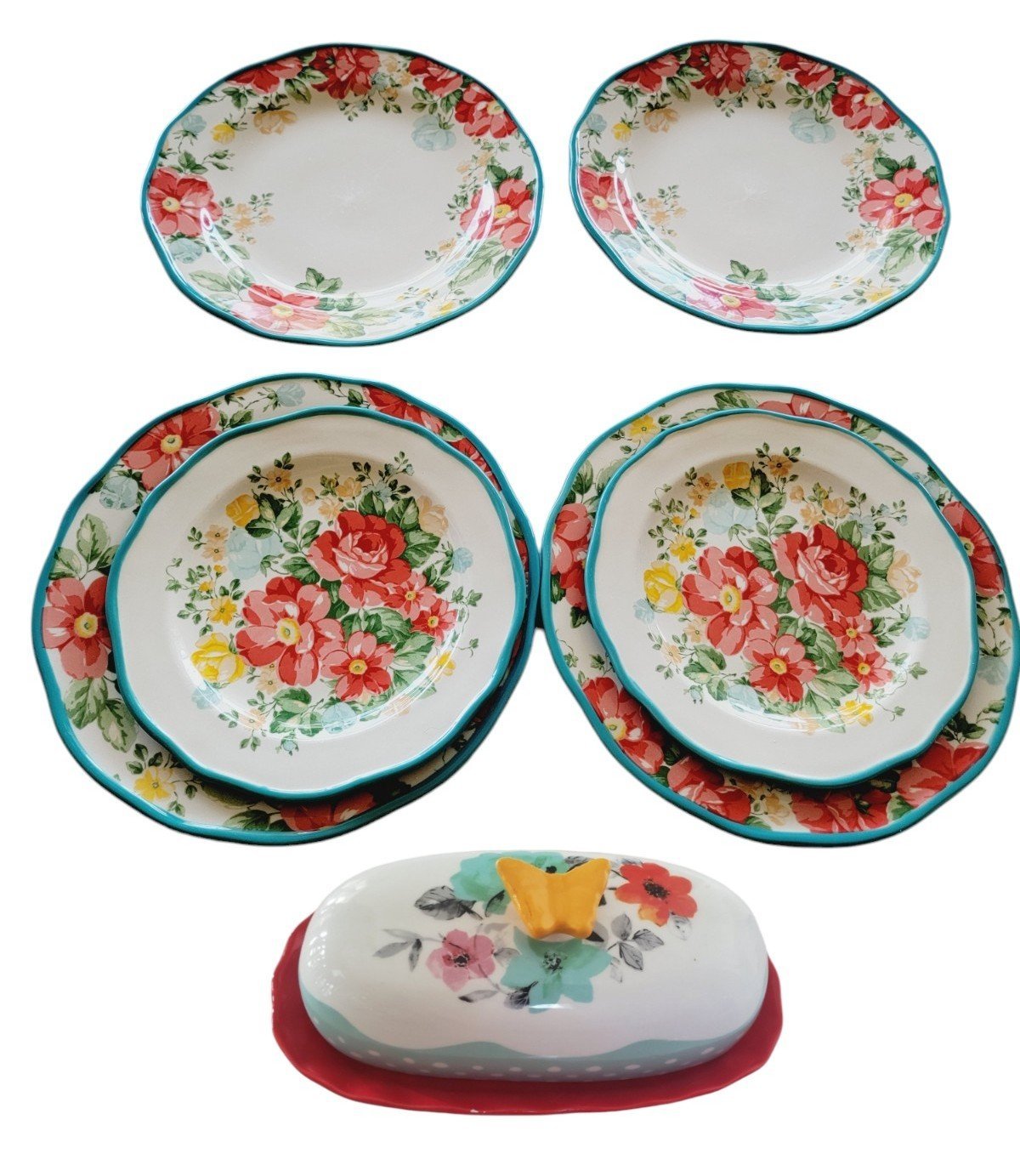 Pioneer Woman Vintage Floral Dinner Plate Set Of 4 Butter Dish & Salad Plates x2