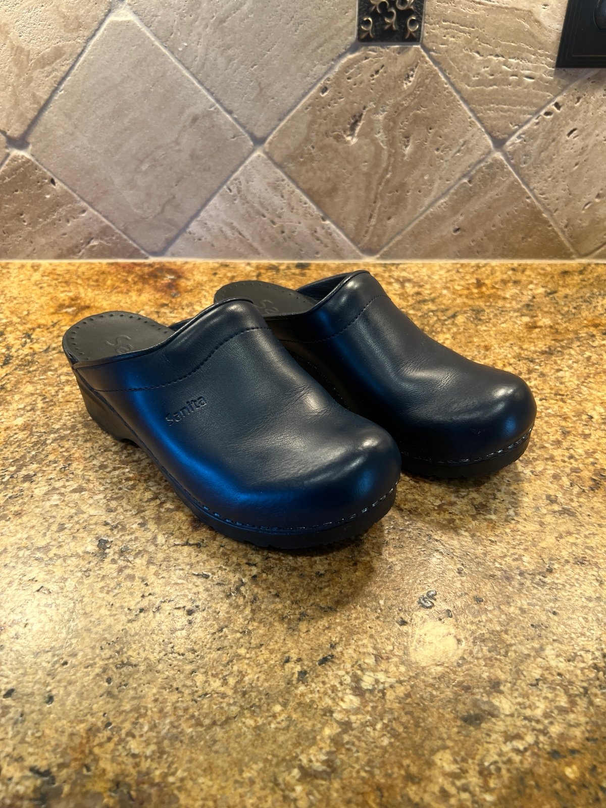 Like New Navy Leather Sanita Clogs