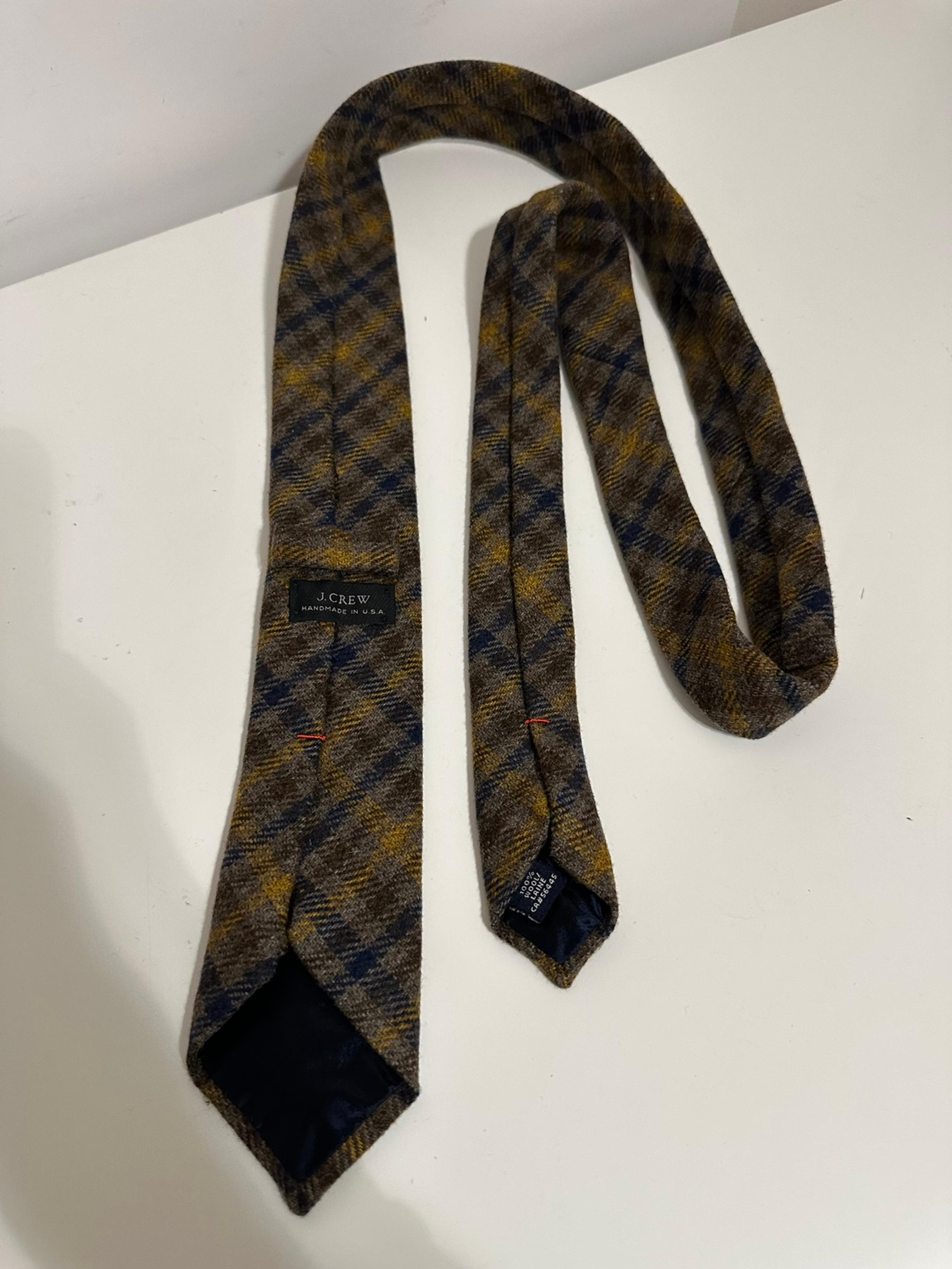 Vintage J. Crew Men’s Brown and Blue Plaid Wool Tie