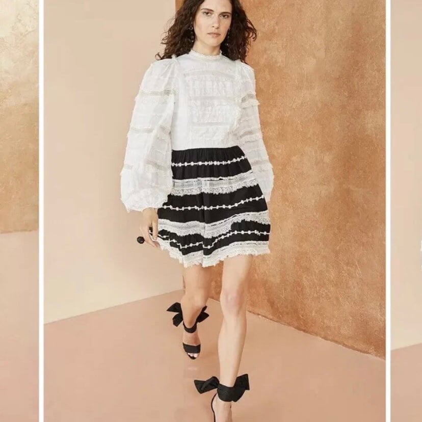 695 Ulla Johnson Amour Black/White Applique Lace Puff Sleeve Mini Dress size 0