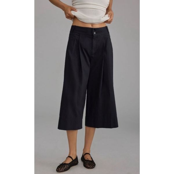 By Anthropologie Womens Pleated Front Wide Leg Cropped Pants Black Size 8 NWT