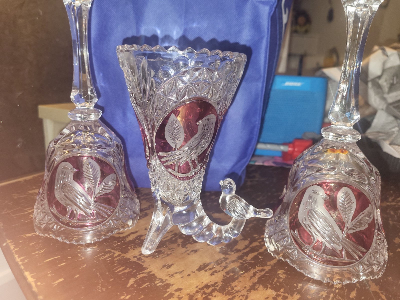 Hofbauer Byrdes Collection Ruby Crystal Cornucopia Vase & 2 bells