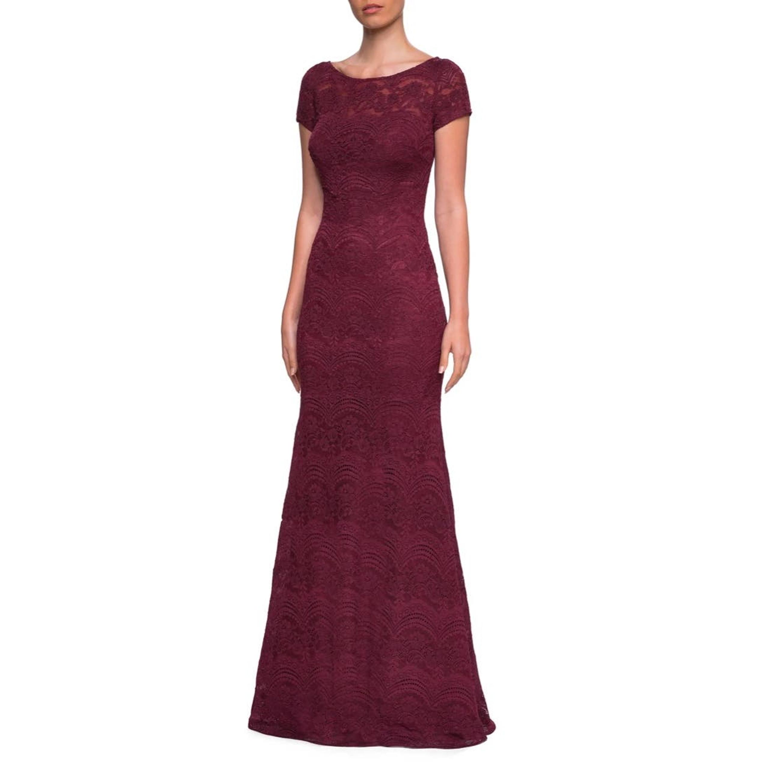 La Femme Lace Formal Burgundy Womens Trumpet Short Sleeve Event Bridal Gown 8