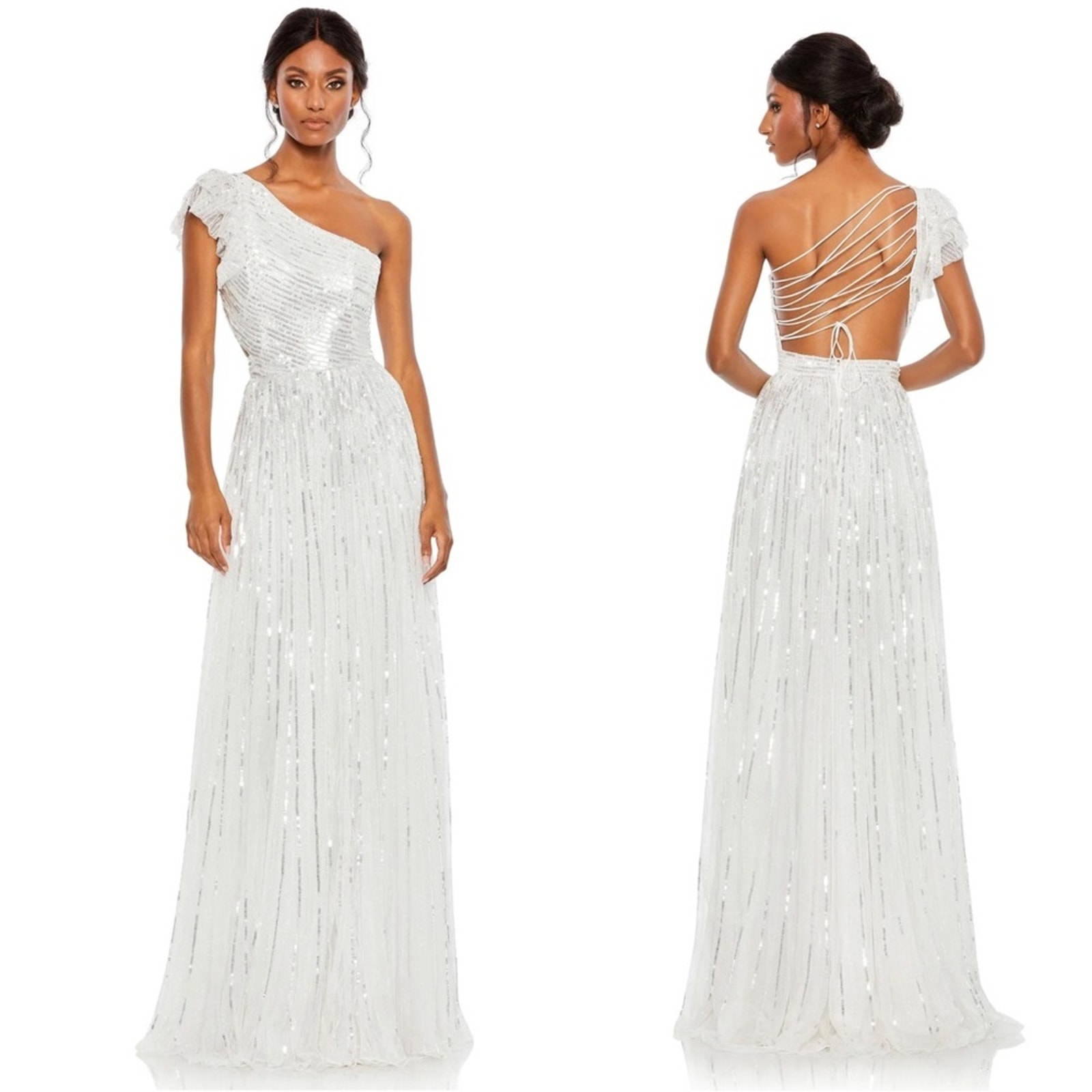 Mac Duggal 5565 Sequined One Shoulder Flutter Sleeve A Line Gown