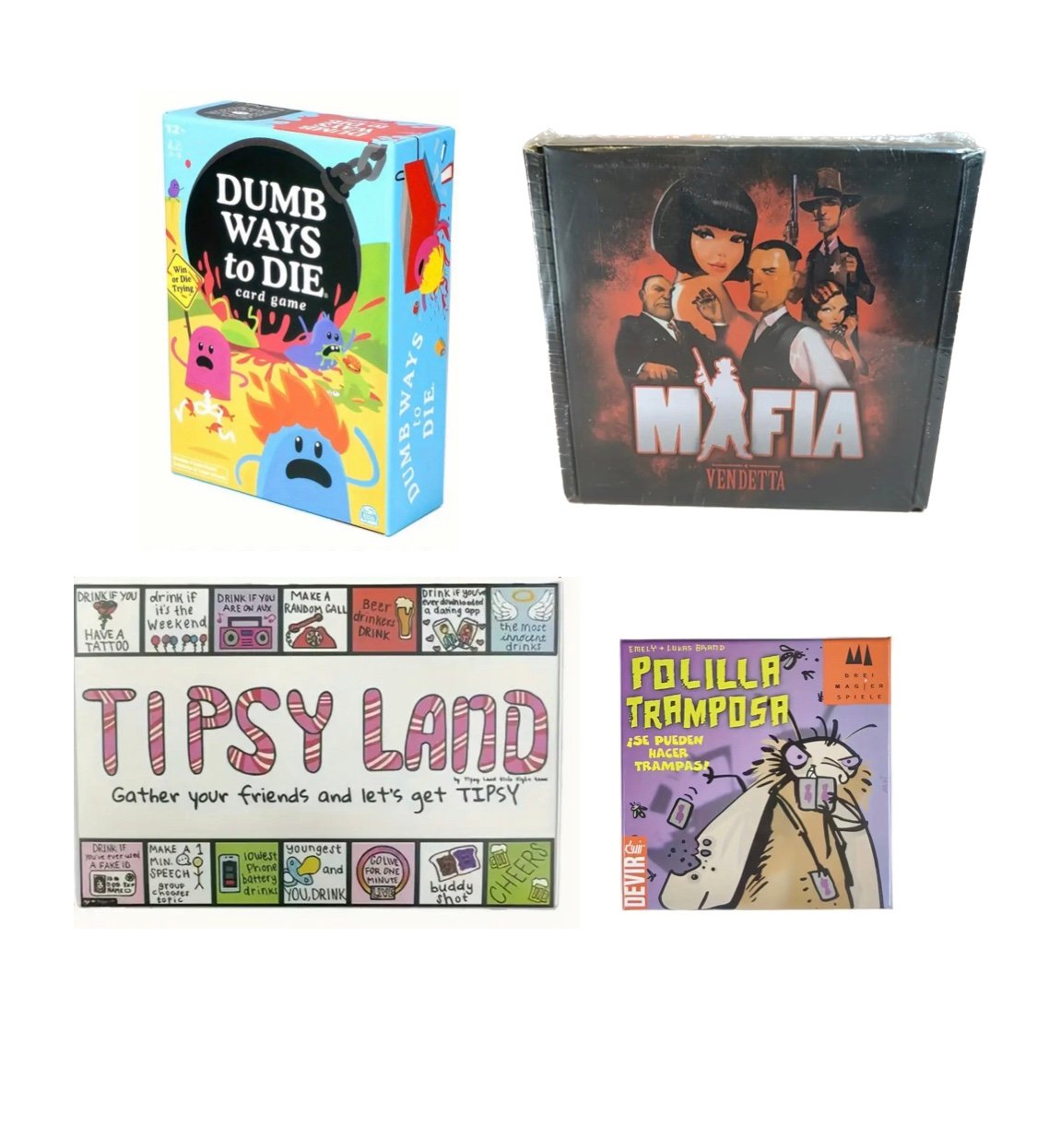 4 Pack Board Games/Card Games(Dumb way to die,POLILLA TRAMPOSA,Mifia,tipsy land)