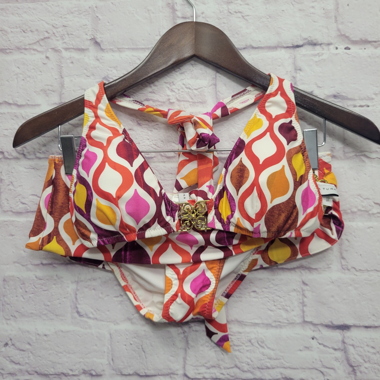Trina Turk Ogee Bandeau Hipster Retro Halter Bikini Gold Accent Swimsuit Sz 6/4