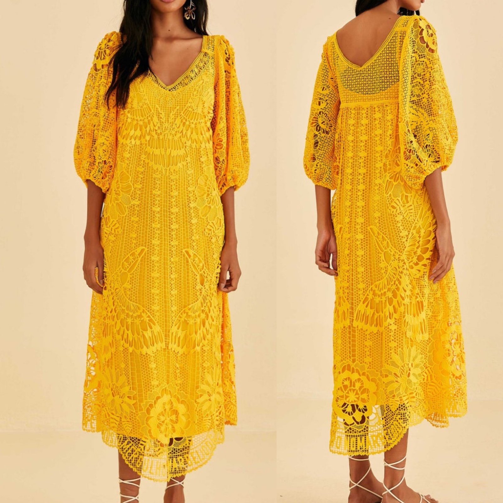 Farm Rio Yellow Lace MIDI Dress Size XL