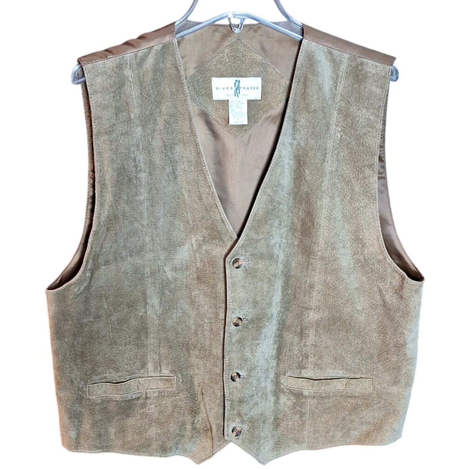 Vintage River Trader Brown Leather Button Front Men Large 90's Vest