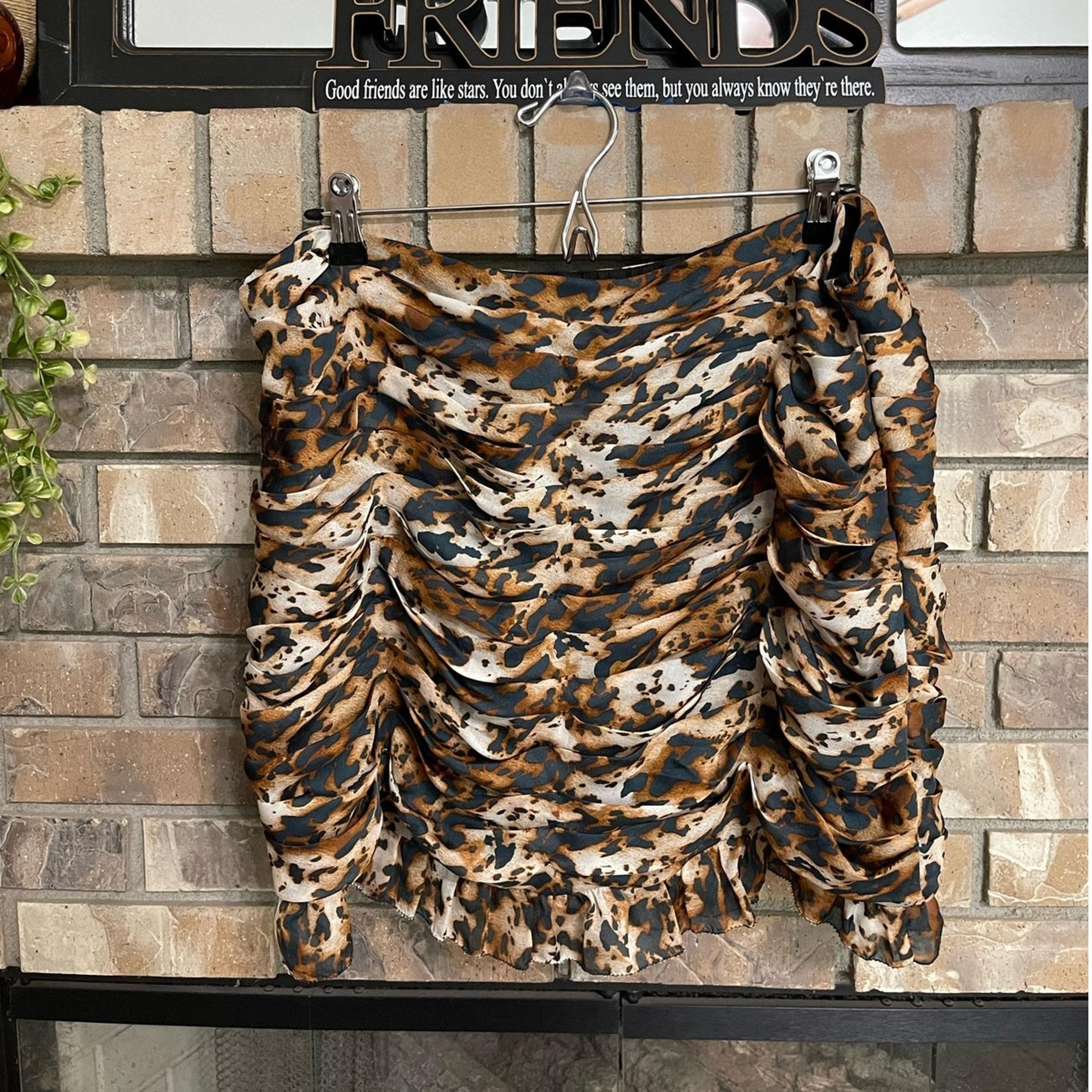 New York & Company Collection Brown Black Leopard Ruffle Ruched Mini Skirt 14