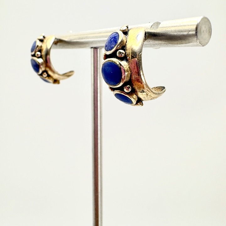 VTG Sterling Silver 925 Lapis Lazuli Half Hoop Earrings Size 0.5 Length