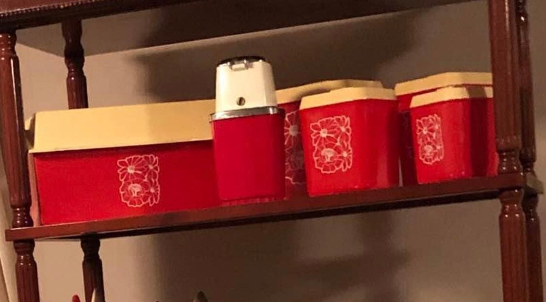 Vintage MCM canisters, bread box, ice cr