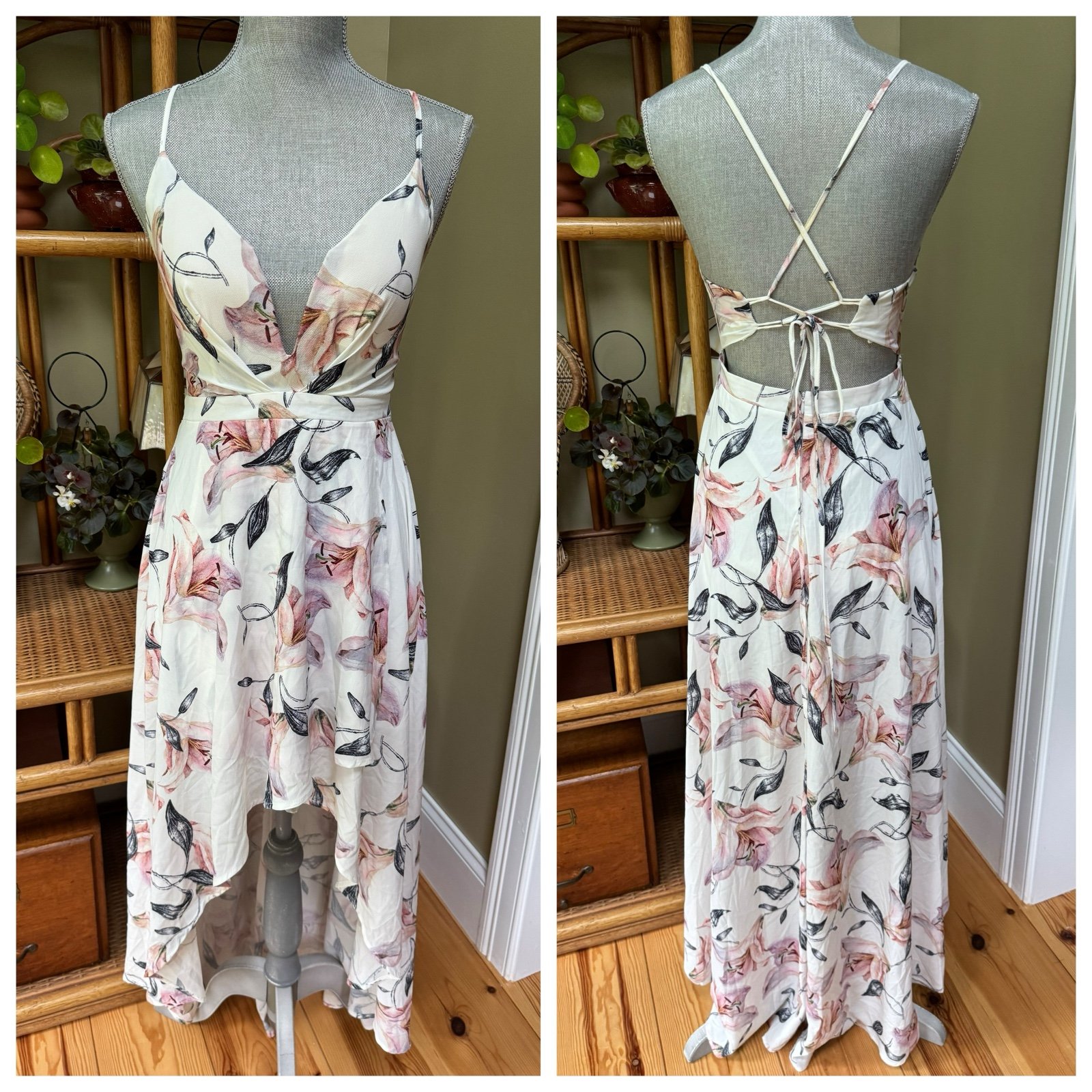 White Floral High Low Dress With Lace Up Back Size S
