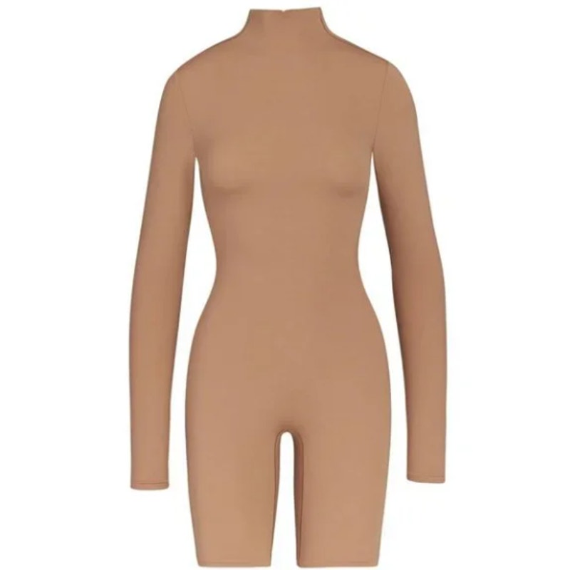 Skims All-in-One Shapewear Onesie Bodysuit Tan Sienna Mock Neck Long Sleeve M