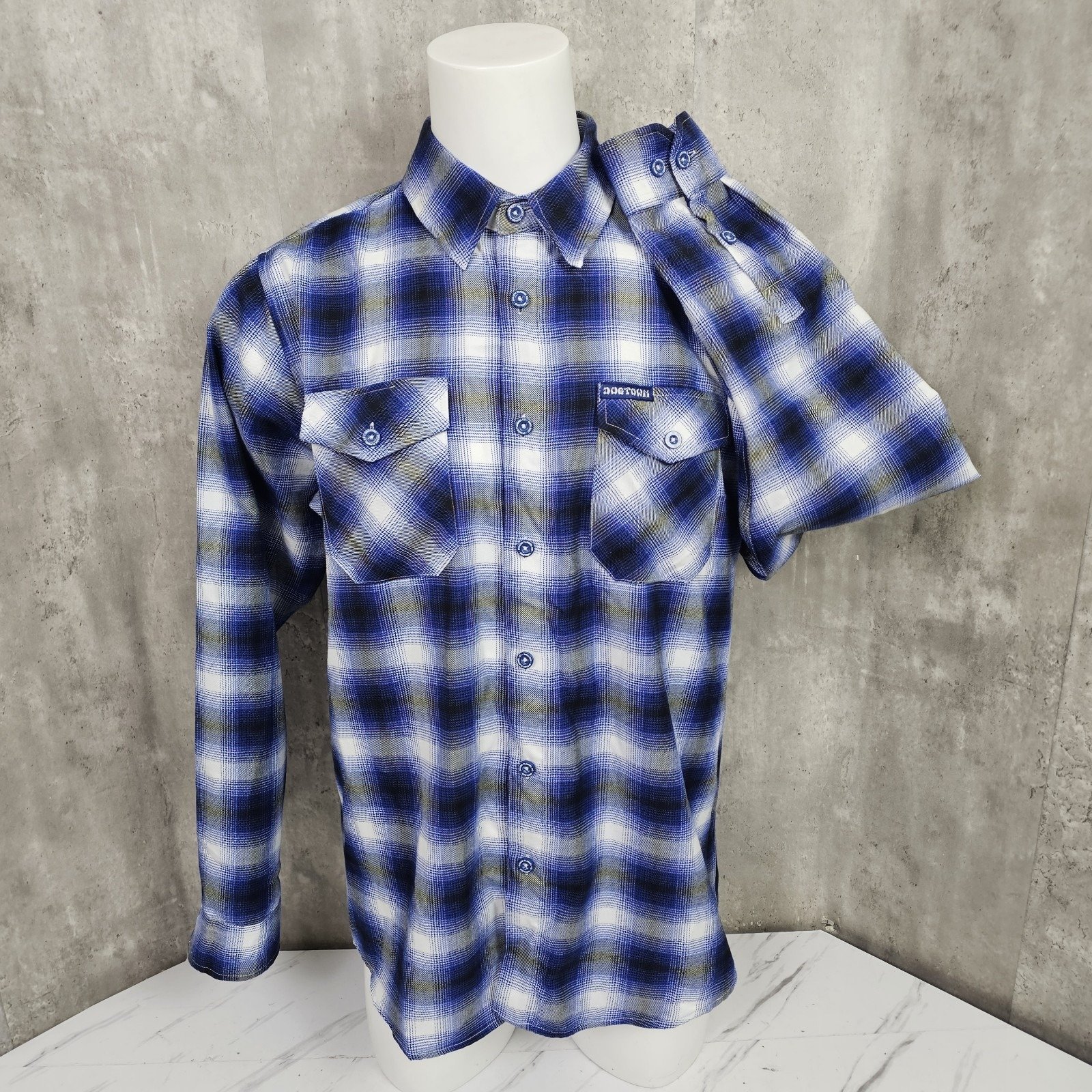 Dixxon Flannel Dogtown Mens L Blue White Plaid Long Sleeve Skate Streetwear