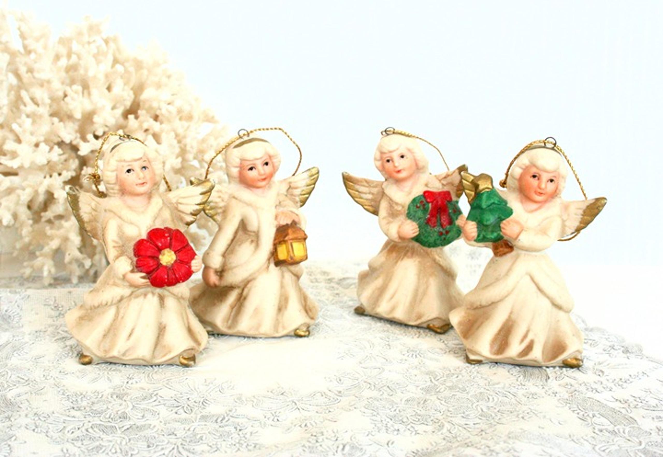 Vintage Homco Christmas angel ornaments porcelain bisque Taiwan beige green red