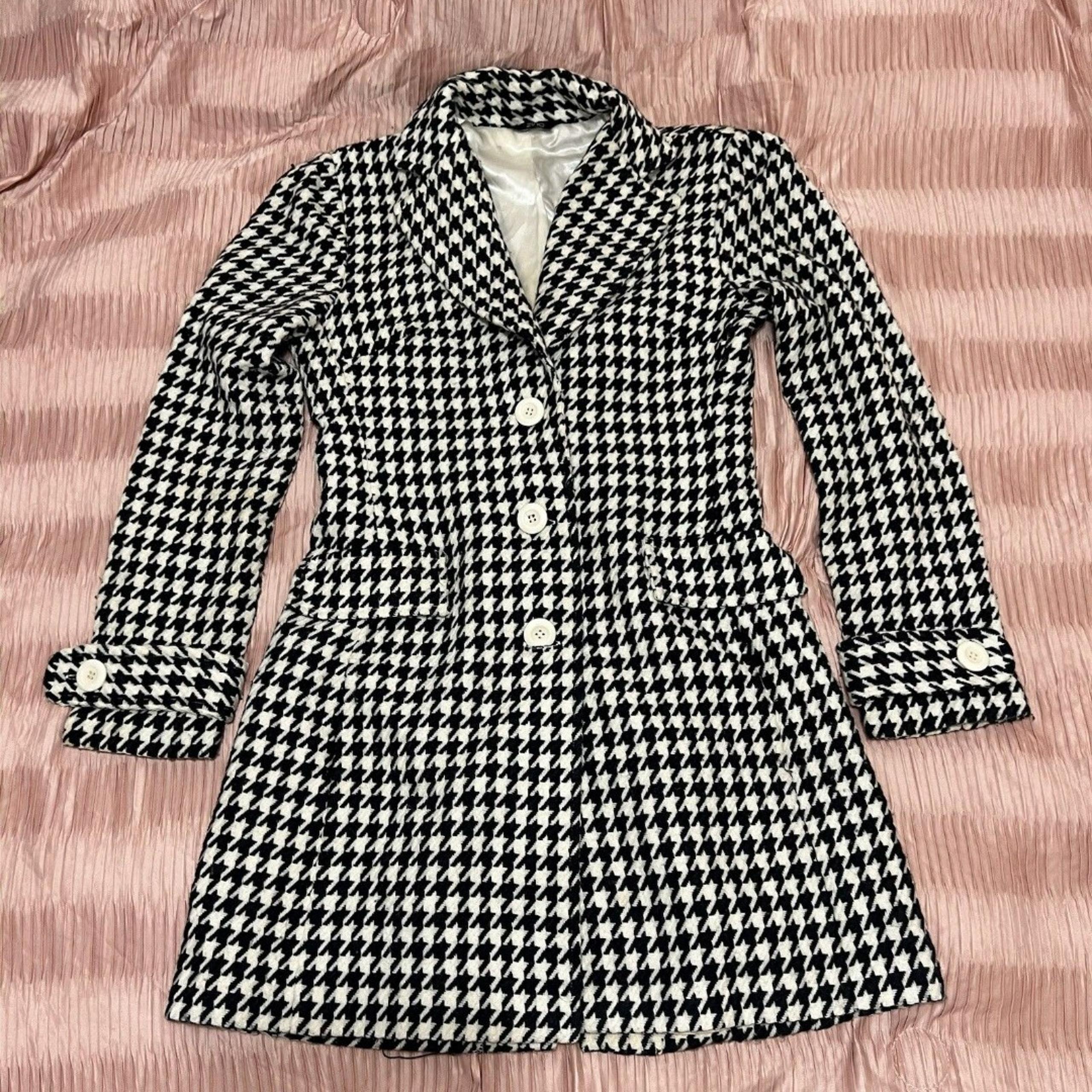 Zinc Womens Tweed Houndstooth Black And White Coat Size Small