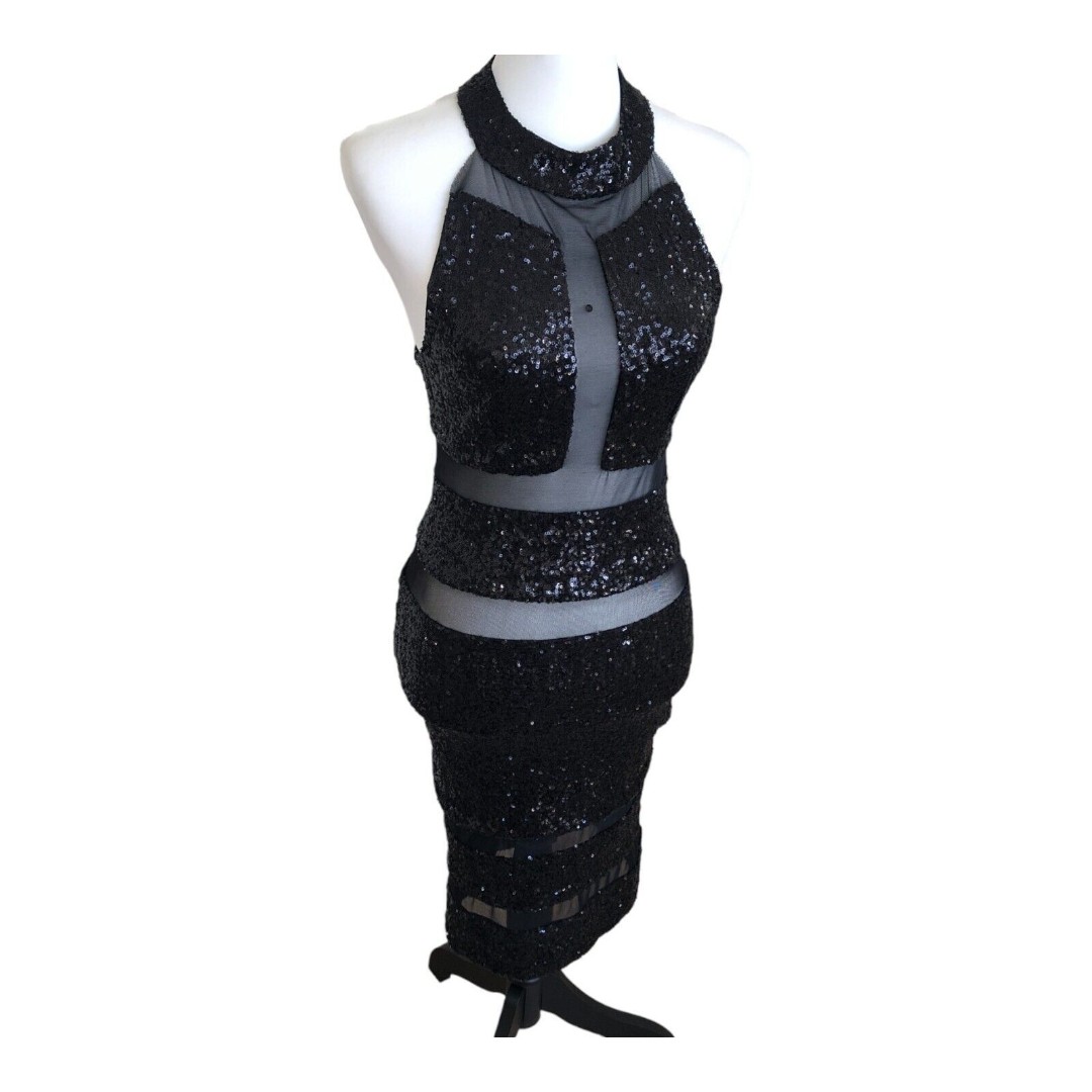 L'Impasse NY Black Sequin and Mesh Sexy Bodycon Party Dress Size S