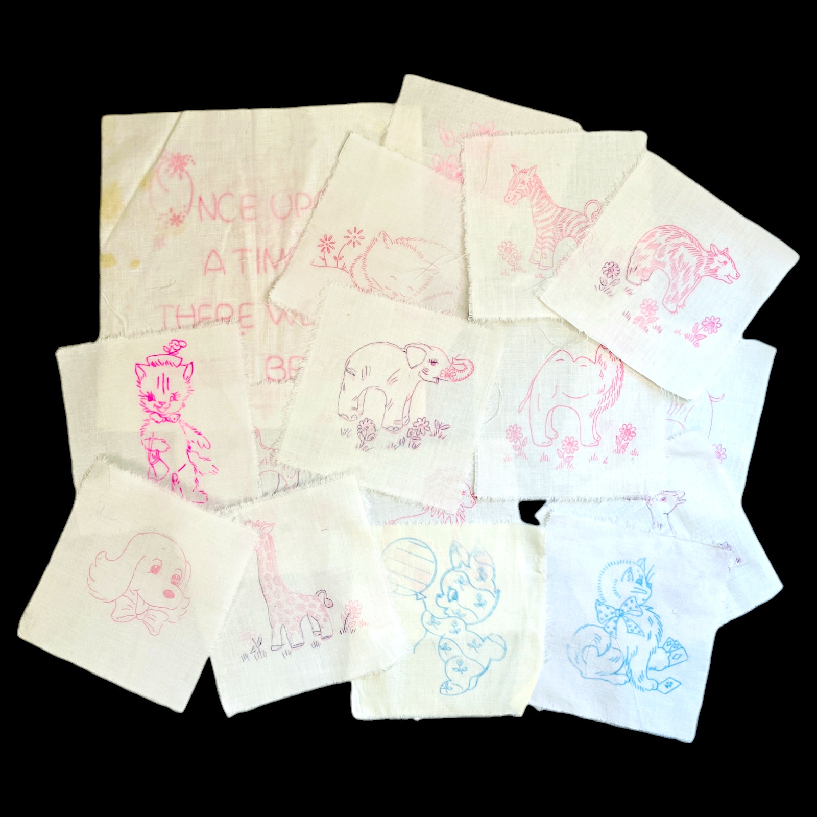 Vintage Stamped Quilt Blocks Lot of 16 Squares Embroidery Anthropomorphic READ