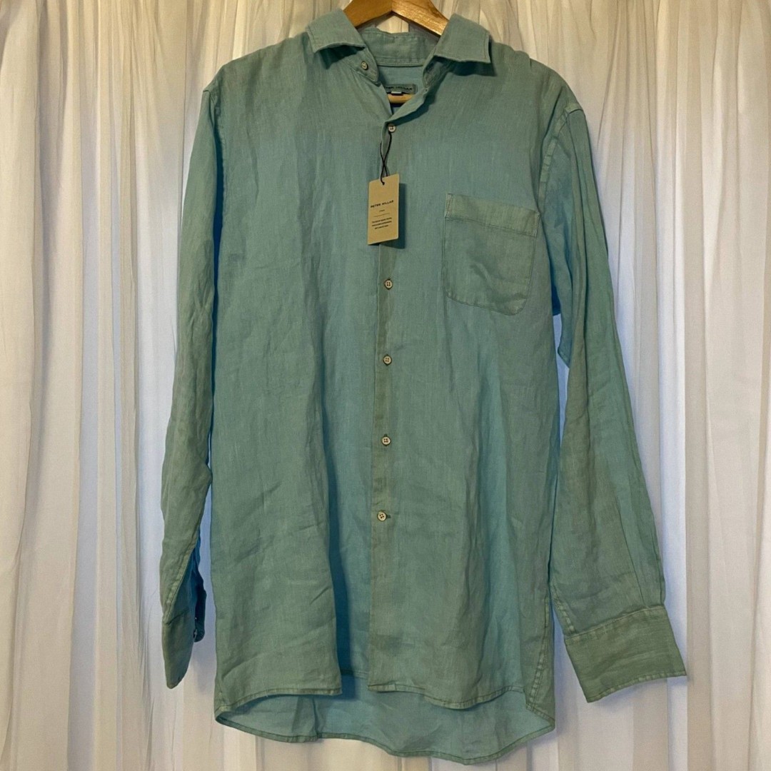 Peter Millar 100% Linen Costal Button Down in Blue Color Mist Size Medium NWT
