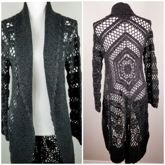 NWT Etcetera Open Crochet Knit Longline Cardigan Sweater Wool Black Sz S