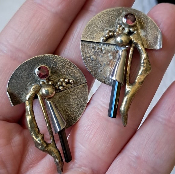 Vintage Artisan Handmade Sterling Silver Yellow Gold Tourmaline Art Earrings