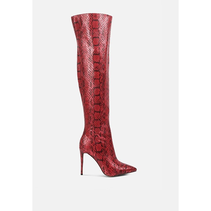 London Rag Women's 10 Catalina Snake Print Stiletto Knee High Boots Red