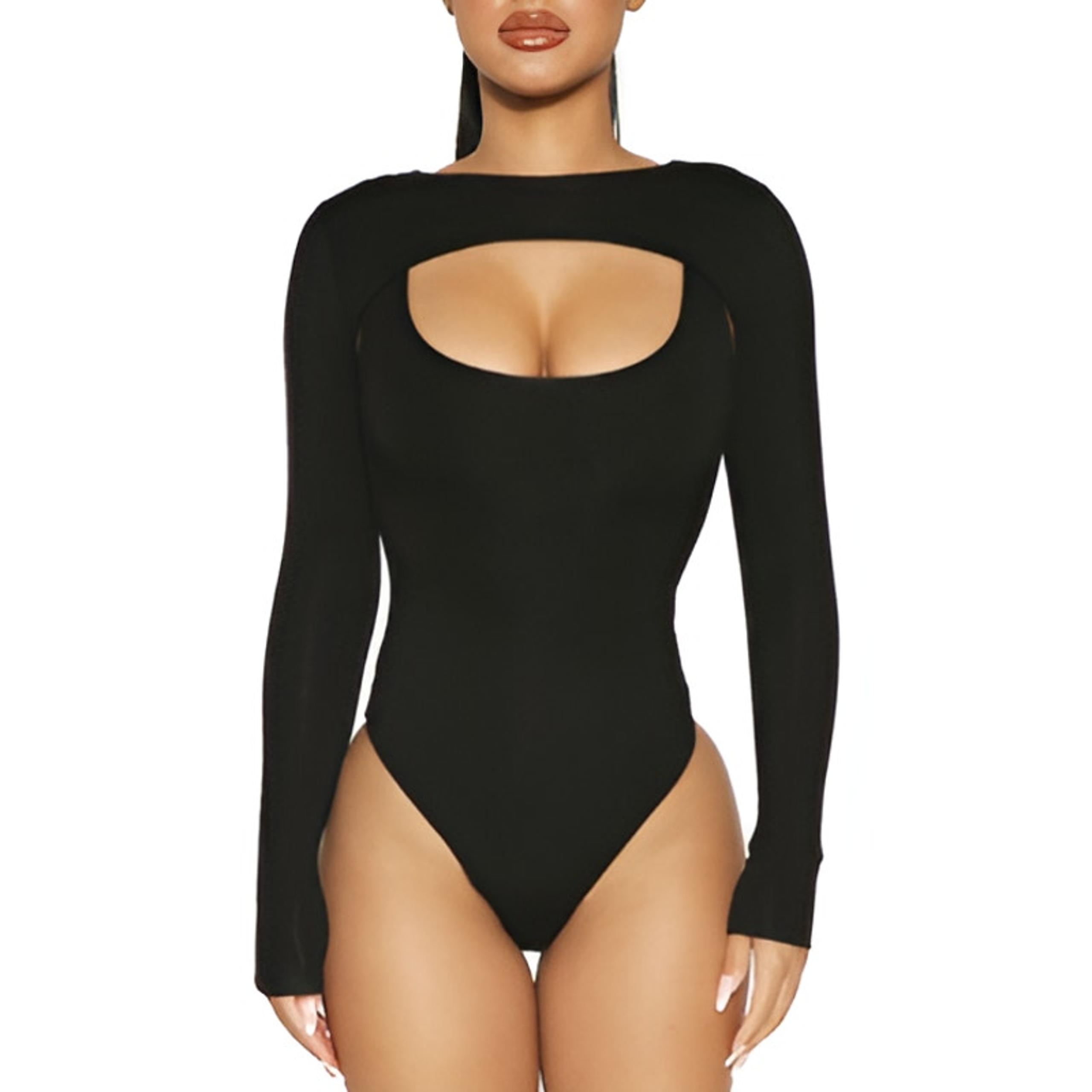 Naked Wardrobe Womens Going Out Front Cutout Long Sleeve Bodysuit Size S Black