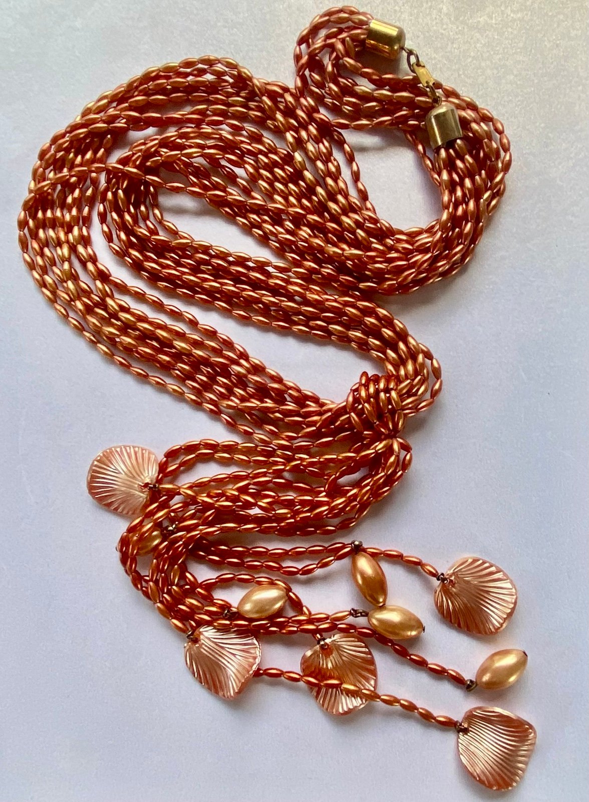 Vintage 1960s Copper Orange Seed Bead Tassel Necklace w/ Shell Drops