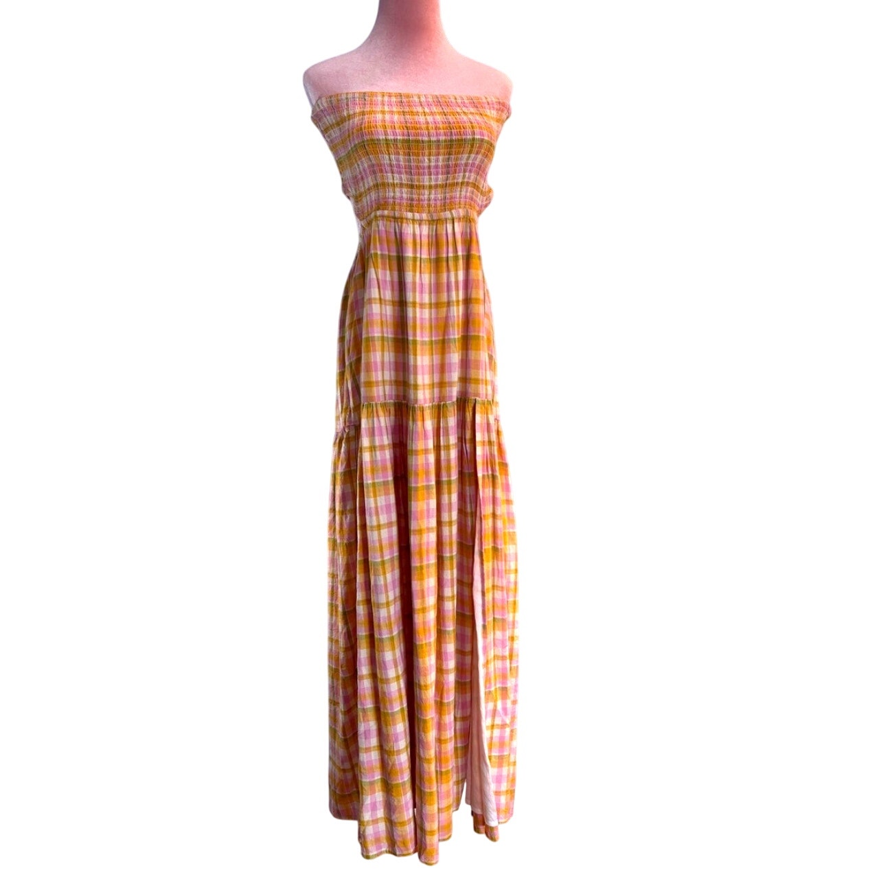 NWT L SPACE Tina Cotton Maxi Dress Stretch Tube Top Open Side Back Pink Plaid XL