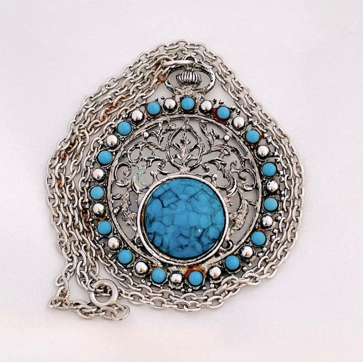 Blue Navajo Spiderweb Turquoise Pendant 20” Necklace Chain Jewelry