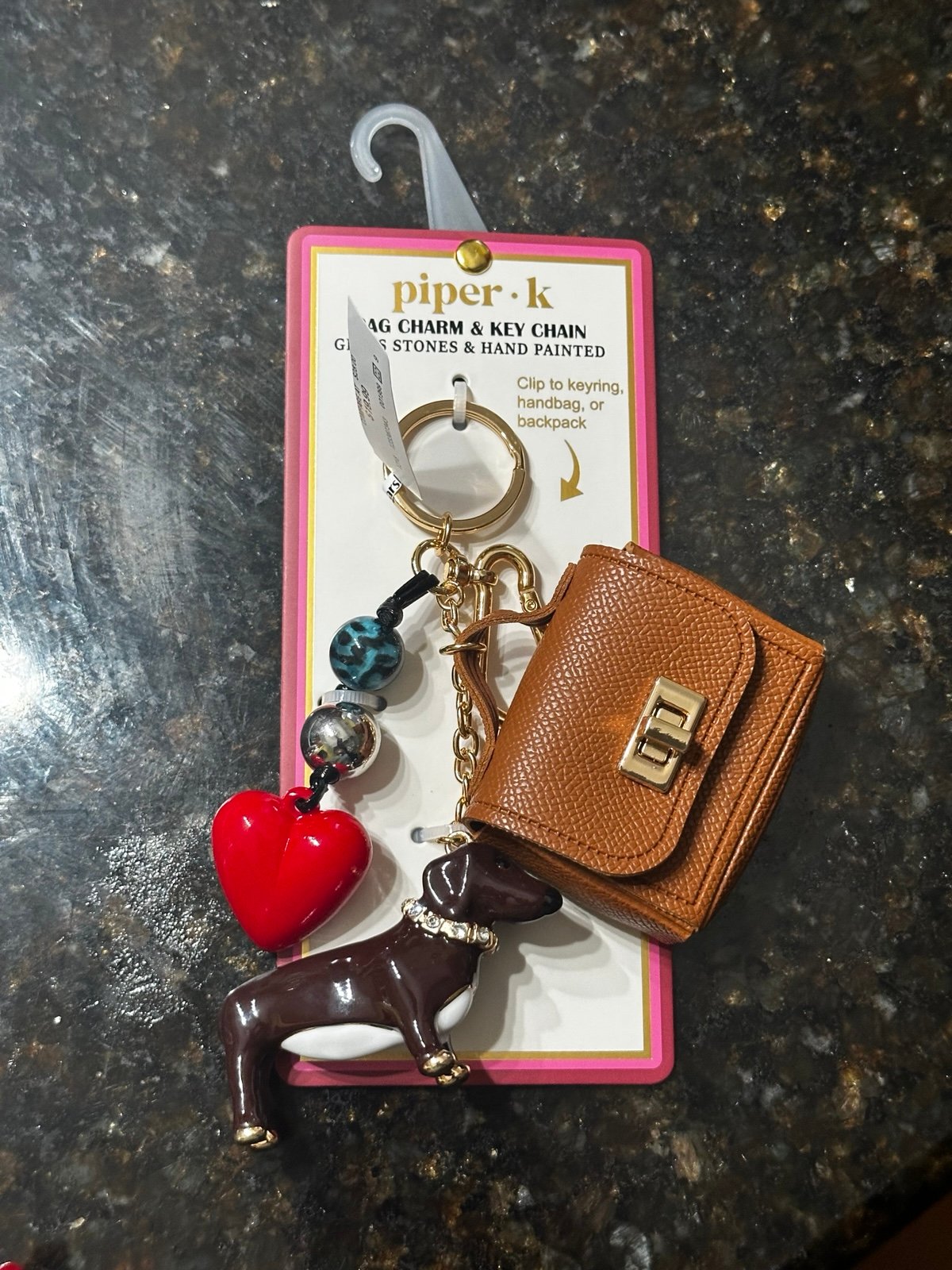 Piper K bag charm and key chain with a dachshund, heart, and mini handbag charm
