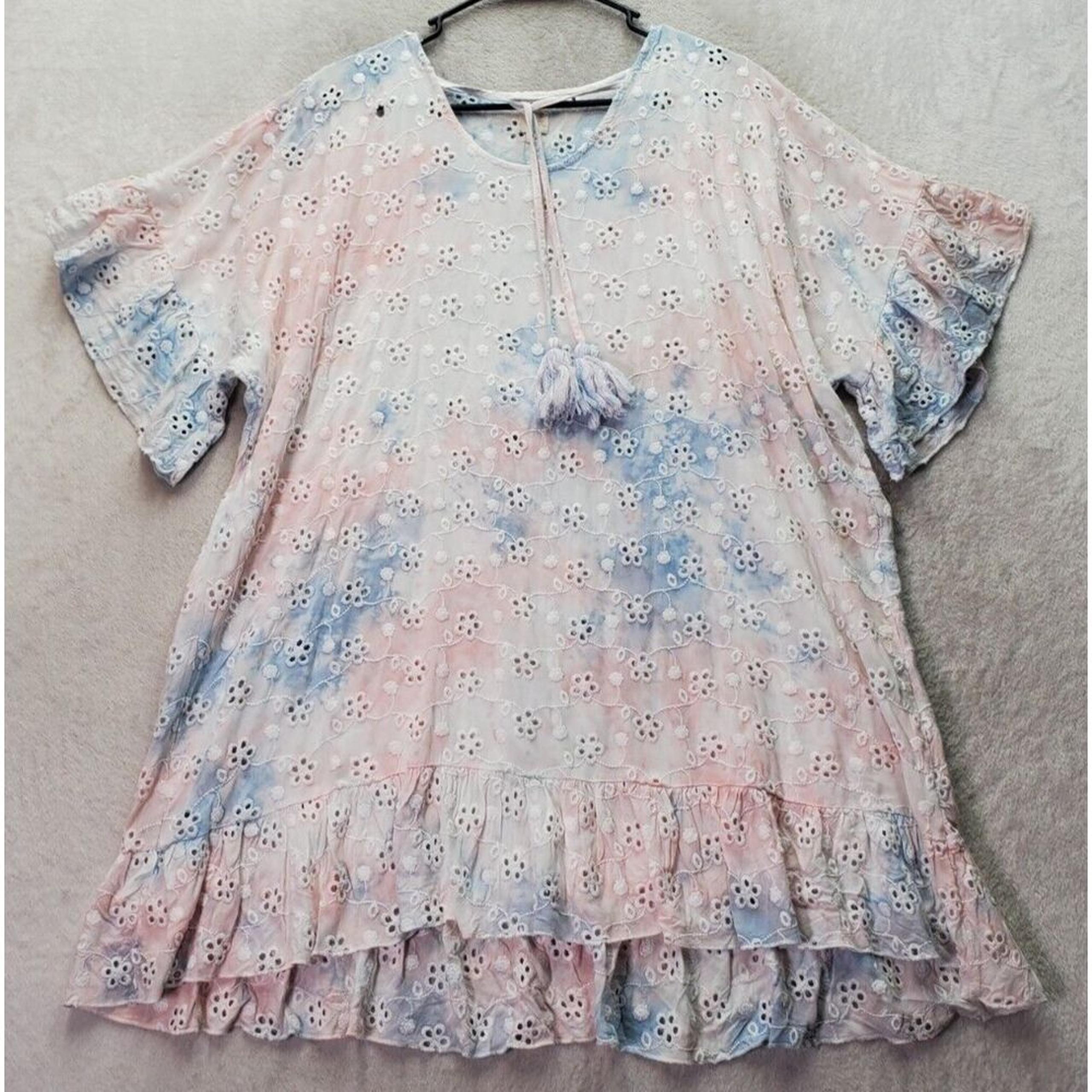 Surf Gypsy Mini Dress Womens Medium Multi Tie Dye Eyelet Short Sleeve Round Neck