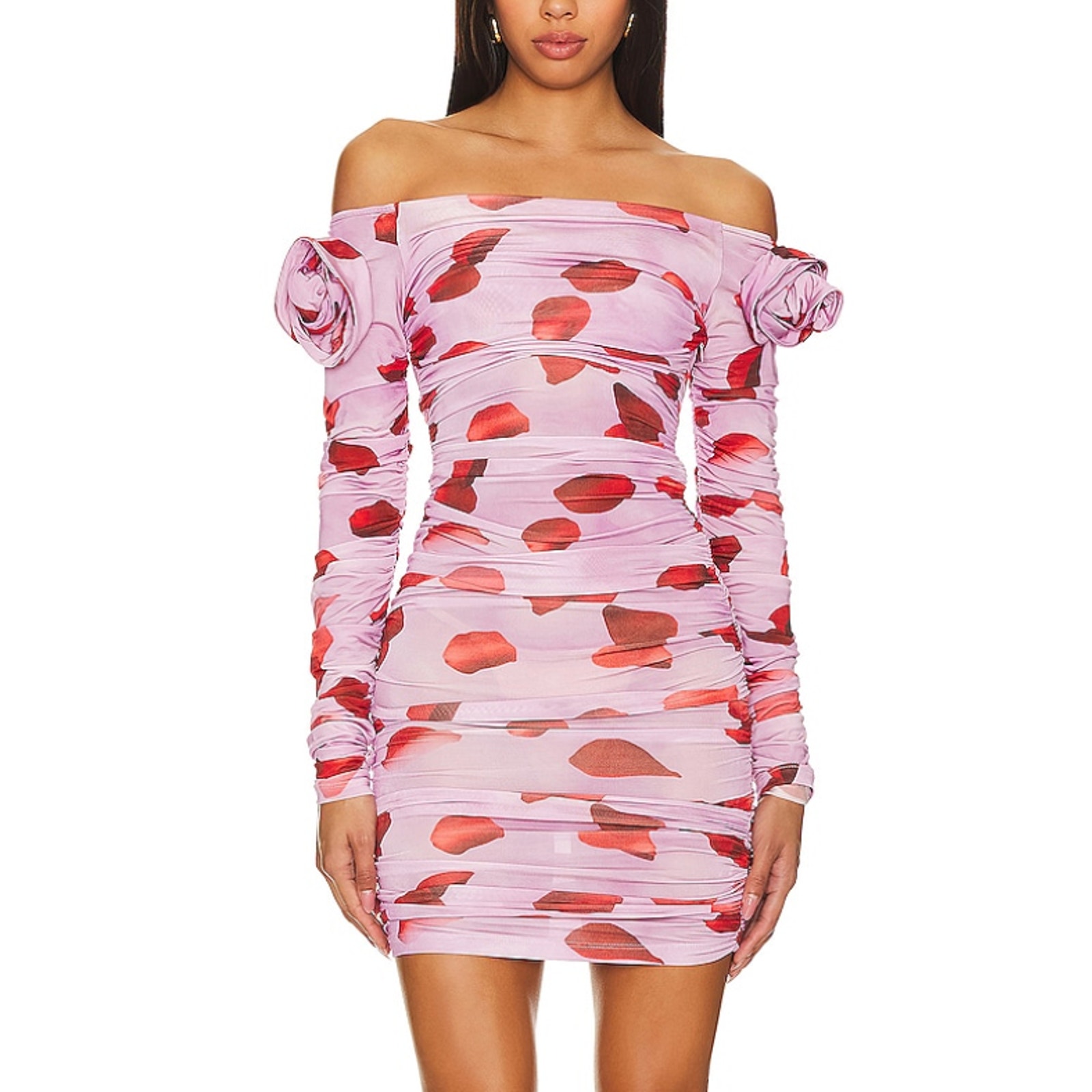 Mirae Erika Off Shoulder Bodycon Dress Rose Petal Size 2 Mesh Ruched 475 NEW