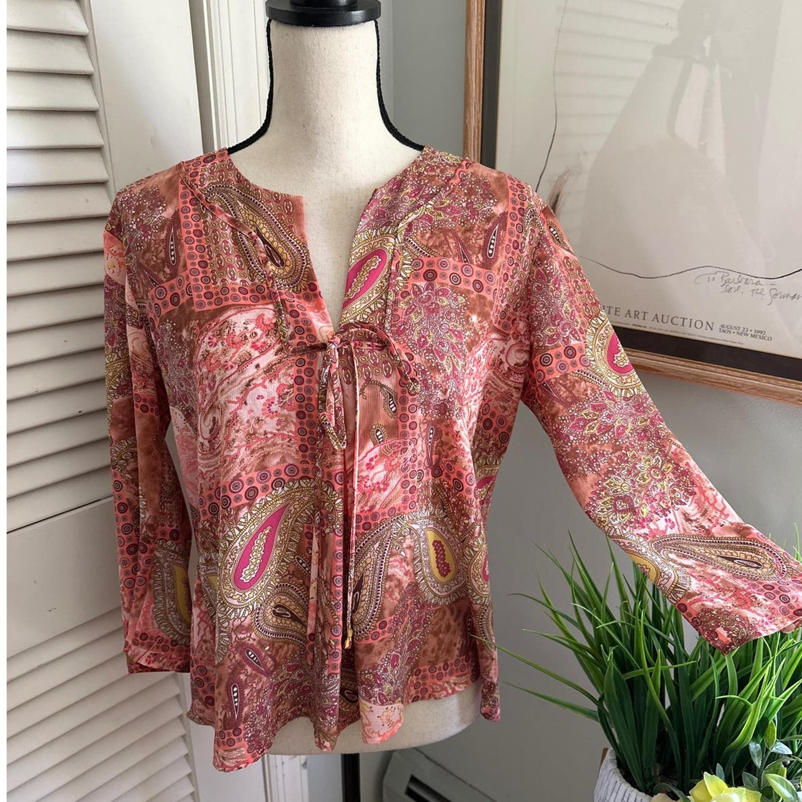 JAIPUR Womens Blouse Medium Pink Paisley Chiffon Bohemian Spring Summer