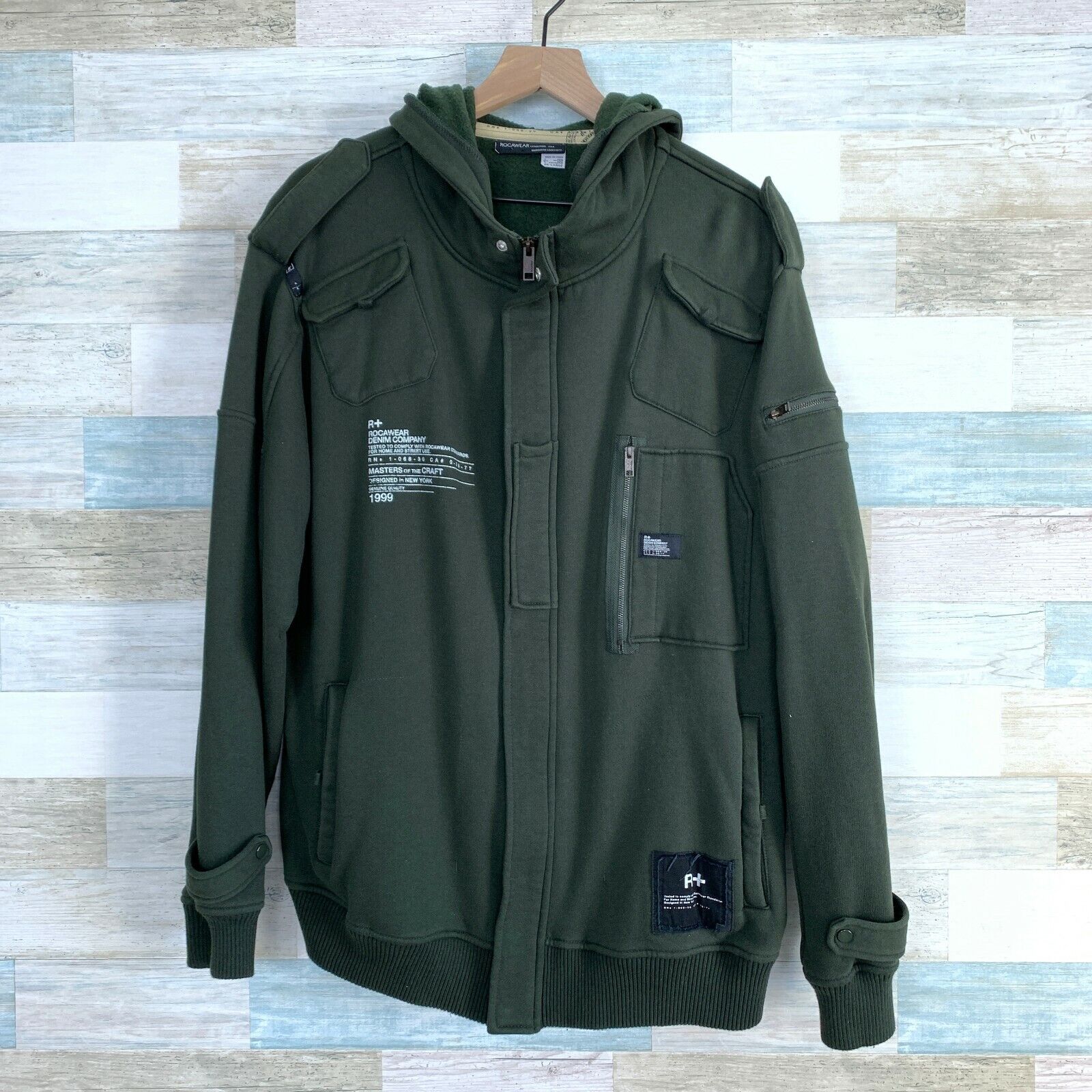 Rocawear Sweatshirt Bomber Flight Jacket Green Full Zip Snap Hooded Mens 2XL XXL