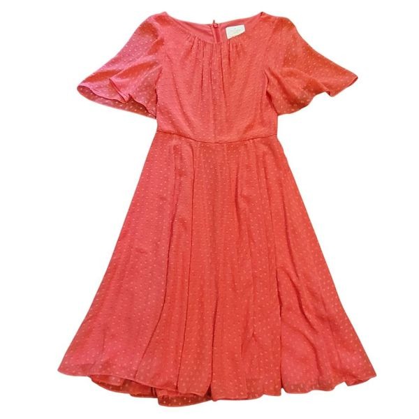 Kate Spade Dress Women's Small Coral Silk Chiffon Swiss Dot Flutter Sleeve Midi