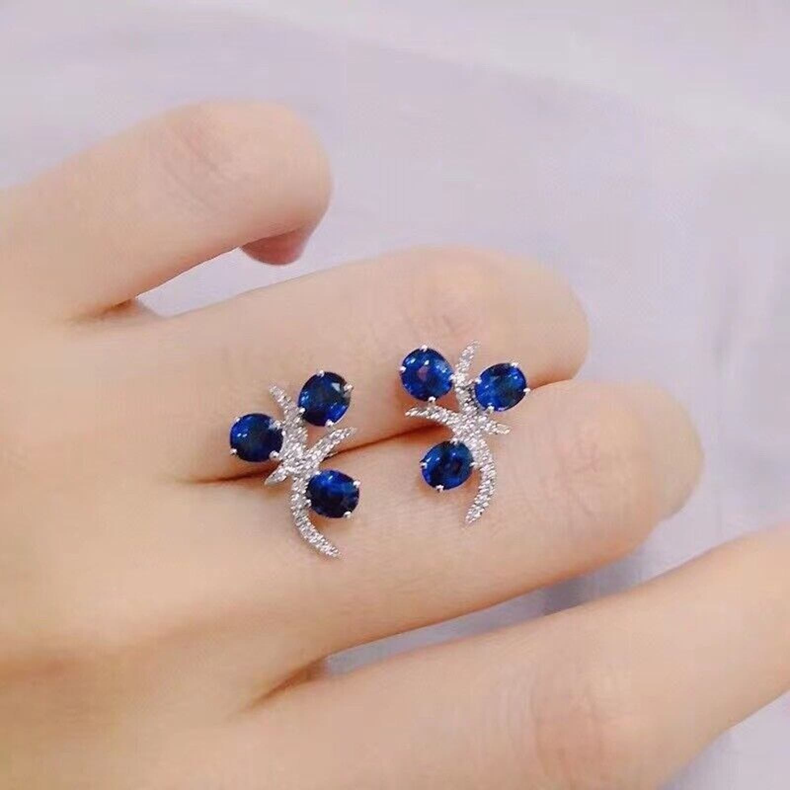 Blue Sapphire 3 Stone Stud Earrings, Natural Blue Sapphire Stud Earrings