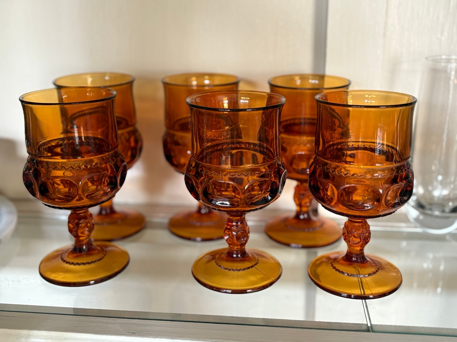 Vintage Amber Thumbprint juice glasses, set of 6 with matching bowl