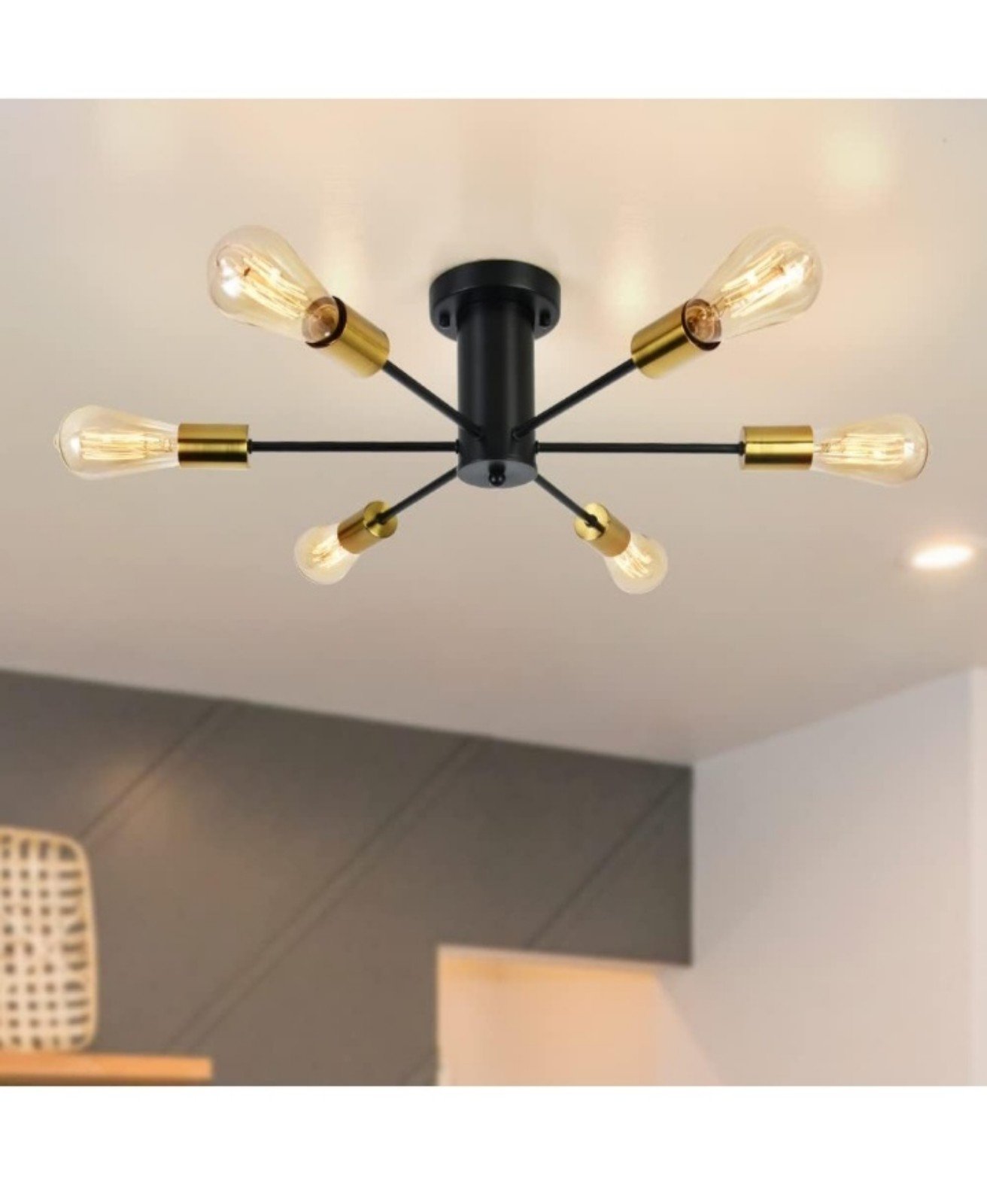 Modern Sputnik Chandeliers,6 Light Ceiling Light Fixture,Black and Gold Semi Flu