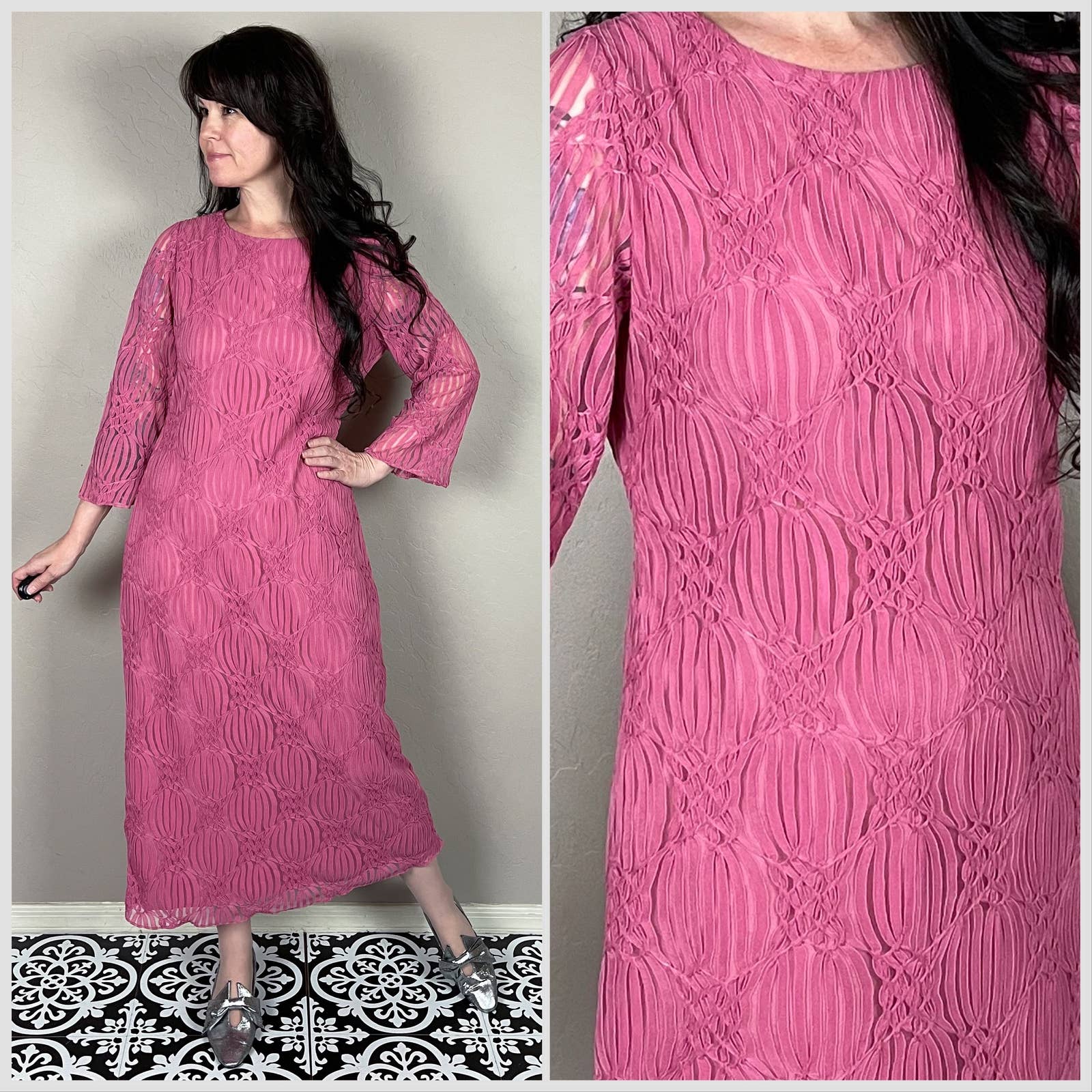 Vintage 1960s Pink Ribbon Bell Sleeve Shift Midi Dress