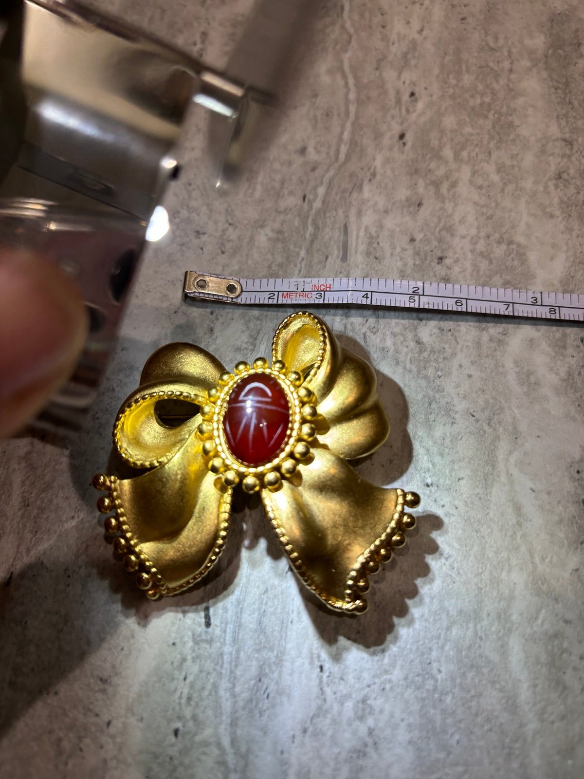 Vintage P.E.P. Gold Bow Brooch Pin Erwin Pearl Carnelian Scarab Cabochon Jewelry